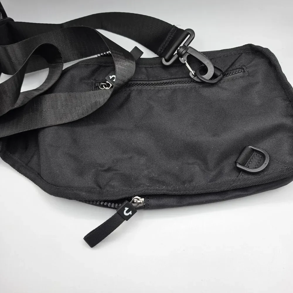 True Religion Jeans Black Sling Bag Crossbody Chest Pack Buddha Logo Travel 9x6